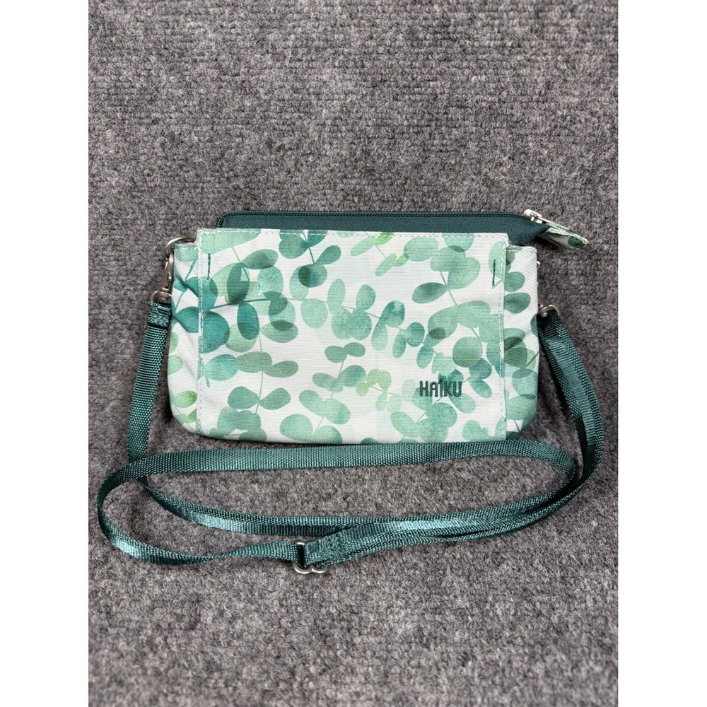 Haiku Eucalyptus Print Crossbody Bag Green RFID Blocking Travel Pouch Clutch